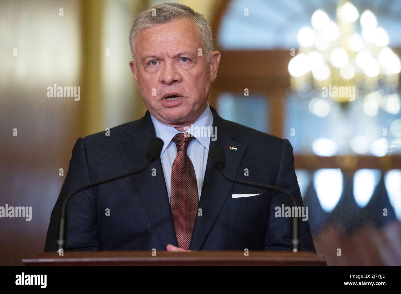 Washington, United States. 11th May, 2022. King Abdullah II bin Al-Hussein of Jordan speaks during a photo-op with Speaker of the House Nancy Pelosi at the U.S. Capitol in Washington, DC on Wednesday, May 11, 2022. Photo by Bonnie Cash/UPI Credit: UPI/Alamy Live News Stock Photo