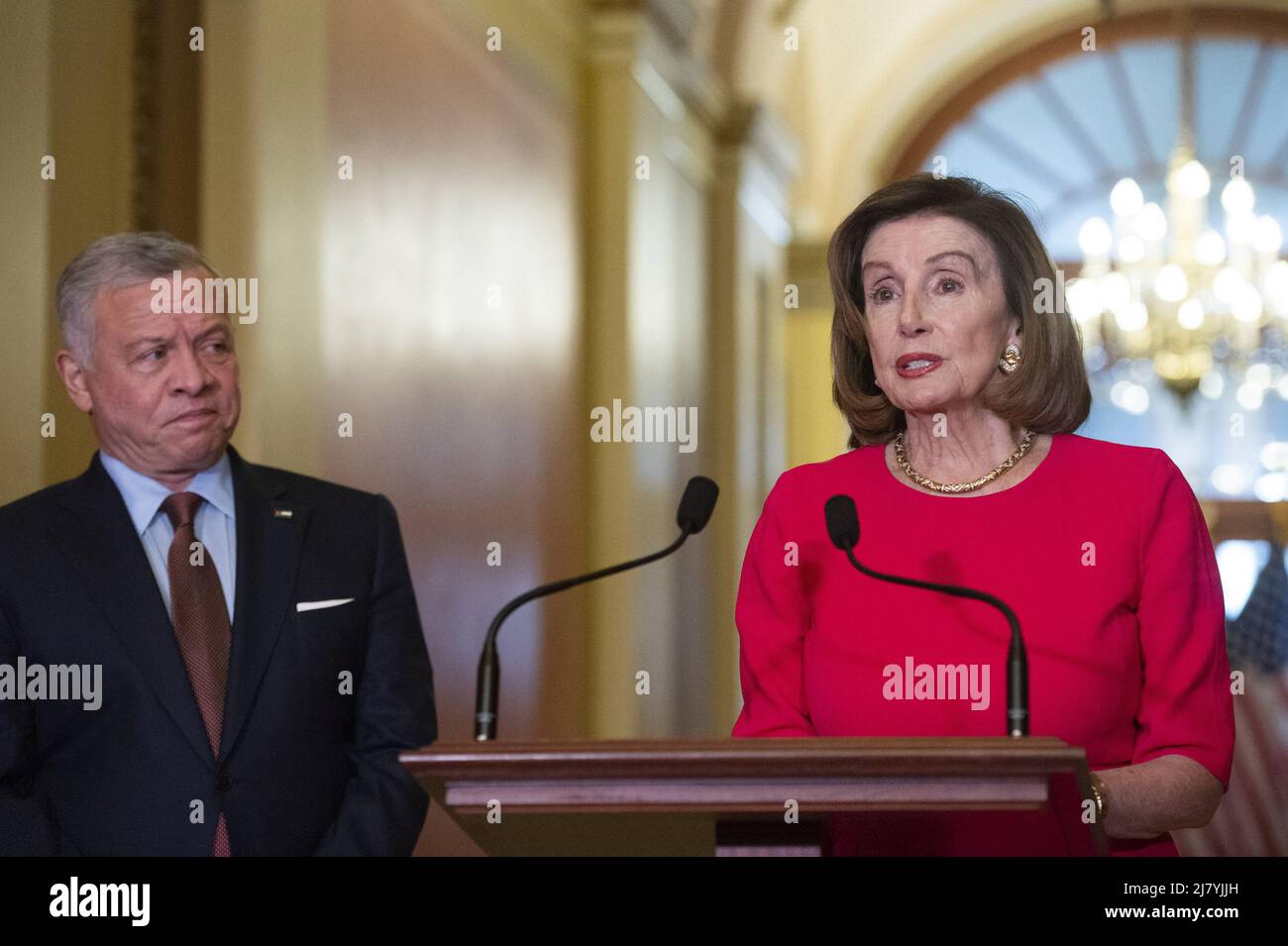 Washington, United States. 11th May, 2022. Speaker of the House Nancy Pelosi speaks during a photo-op with King Abdullah II bin Al-Hussein of Jordan at the U.S. Capitol in Washington, DC on Wednesday, May 11, 2022. Photo by Bonnie Cash/UPI Credit: UPI/Alamy Live News Stock Photo