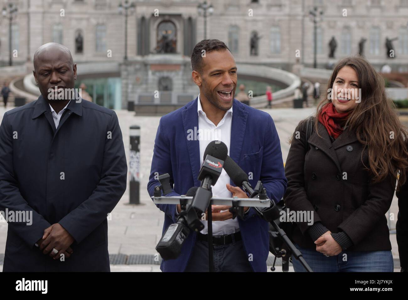 Balarama Holness talks to the media as he annonces that he will create a new provincial political party in front of the National Assembly in Quebec Ci Stock Photo