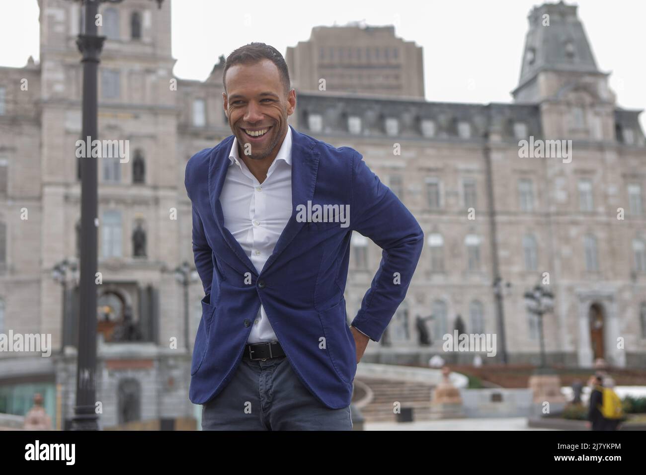Balarama Holness poses after he announced that he will create a new provincial political party in front of the National Assembly in Quebec City Wednes Stock Photo