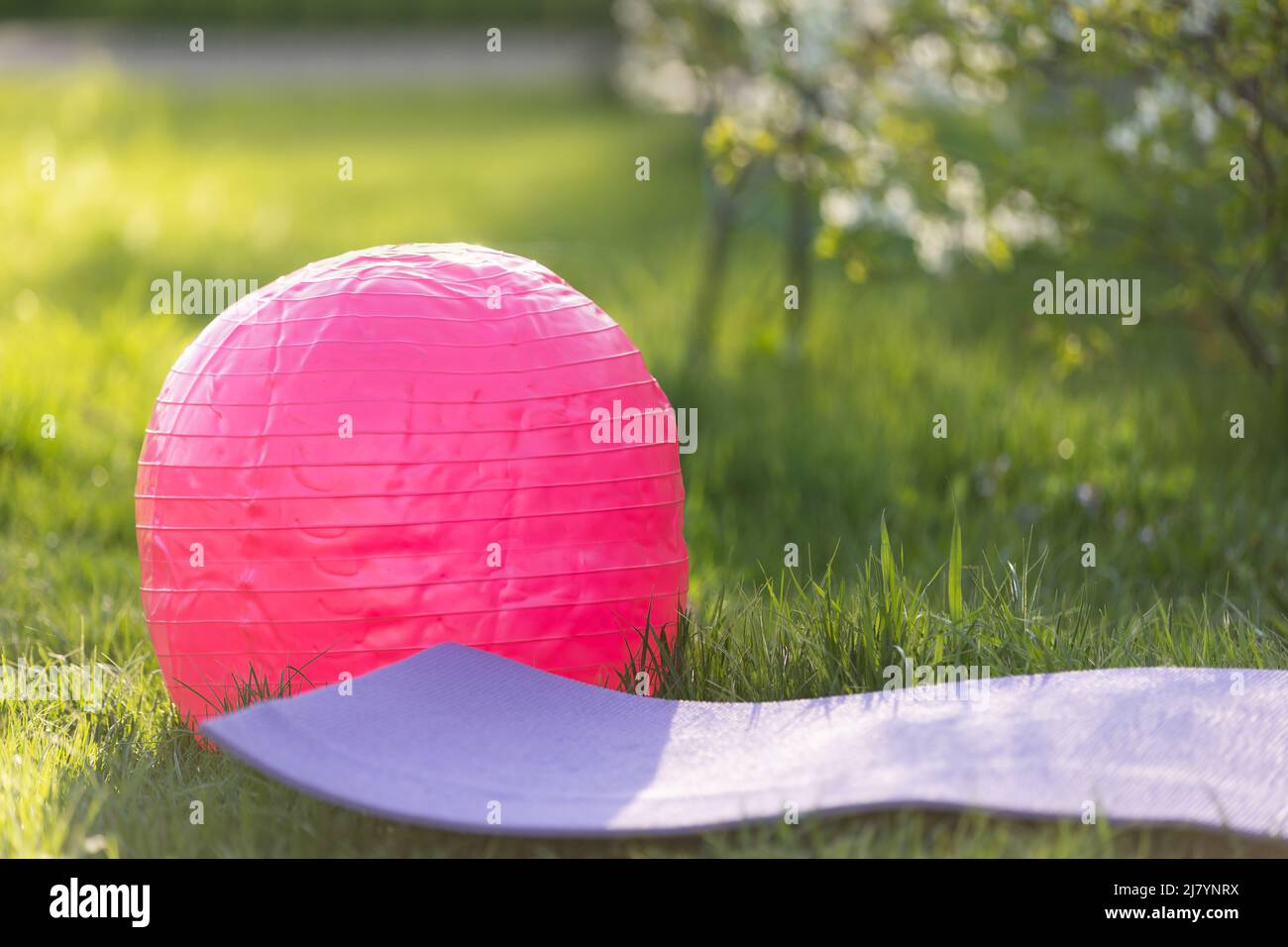 yoga mat on a green lawn. Bright colors. Front view. Concept fitness outside, sport, healthy lifestyle, quarantine, home gym. Sunny day. Copy space Stock Photo
