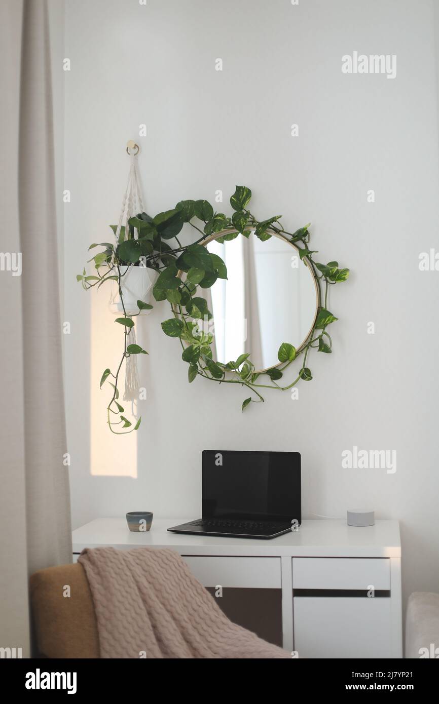 Elegant aesthetic modern home office workspace. Laptop computer with ...