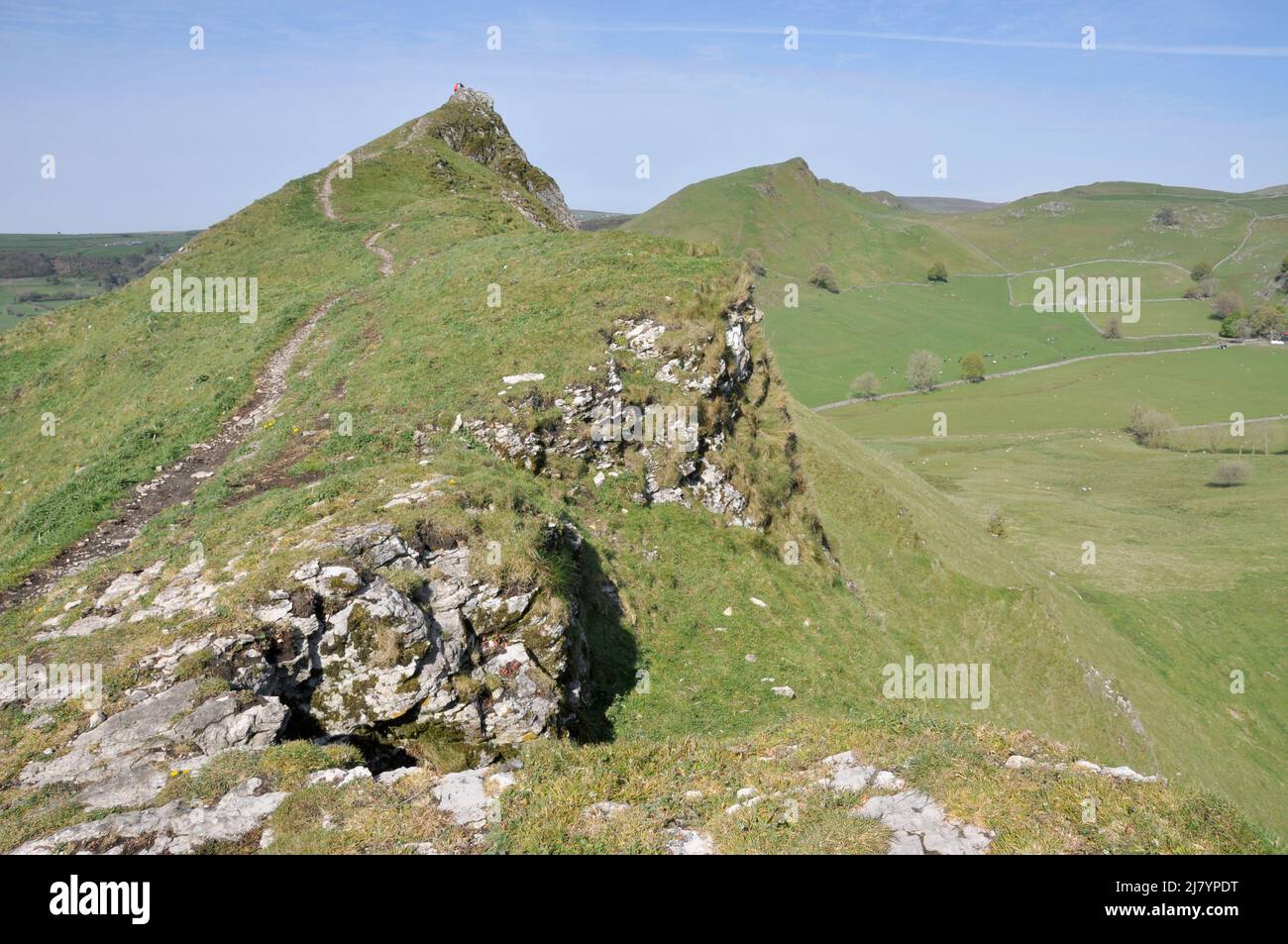 The jagged limestone peak of Parkhouse Hill, adjacent to Chrome Hill, in Peak District; an excellent walking route. Stock Photo