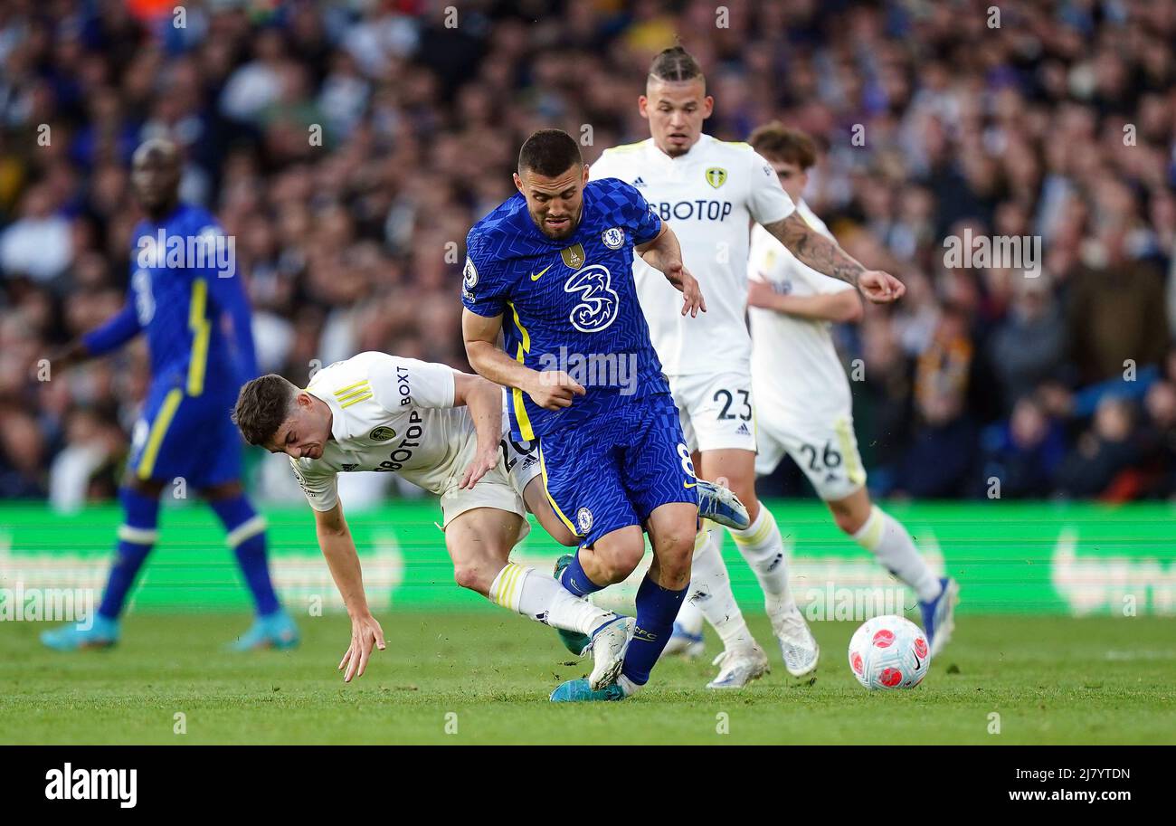Leeds United's Daniel James tackles Chelsea's Mateo Kovacic and is then sent off during the Premier League match at Elland Road, Leeds. Picture date: Wednesday May 11, 2022. Stock Photo