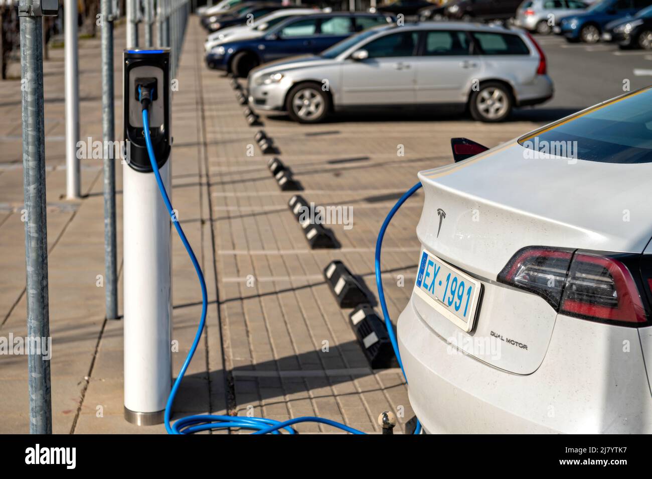 Riga, Latvia, April 29, 2022 electric car Tesla Model S Dual Motor at