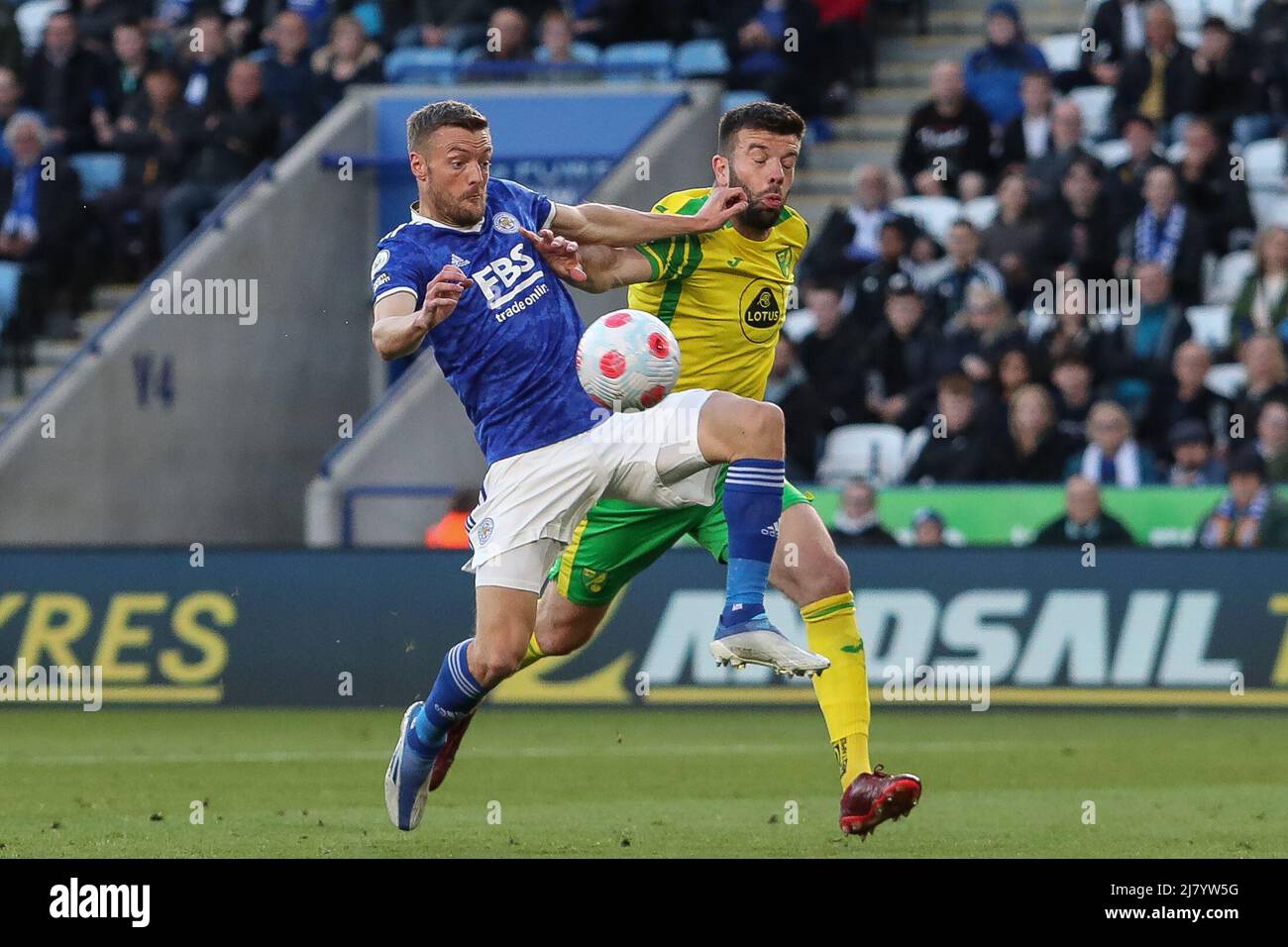 Jamie Vardy #9 of Leicester City and Grant Hanley #5 of Norwich City battle for the ball Stock Photo