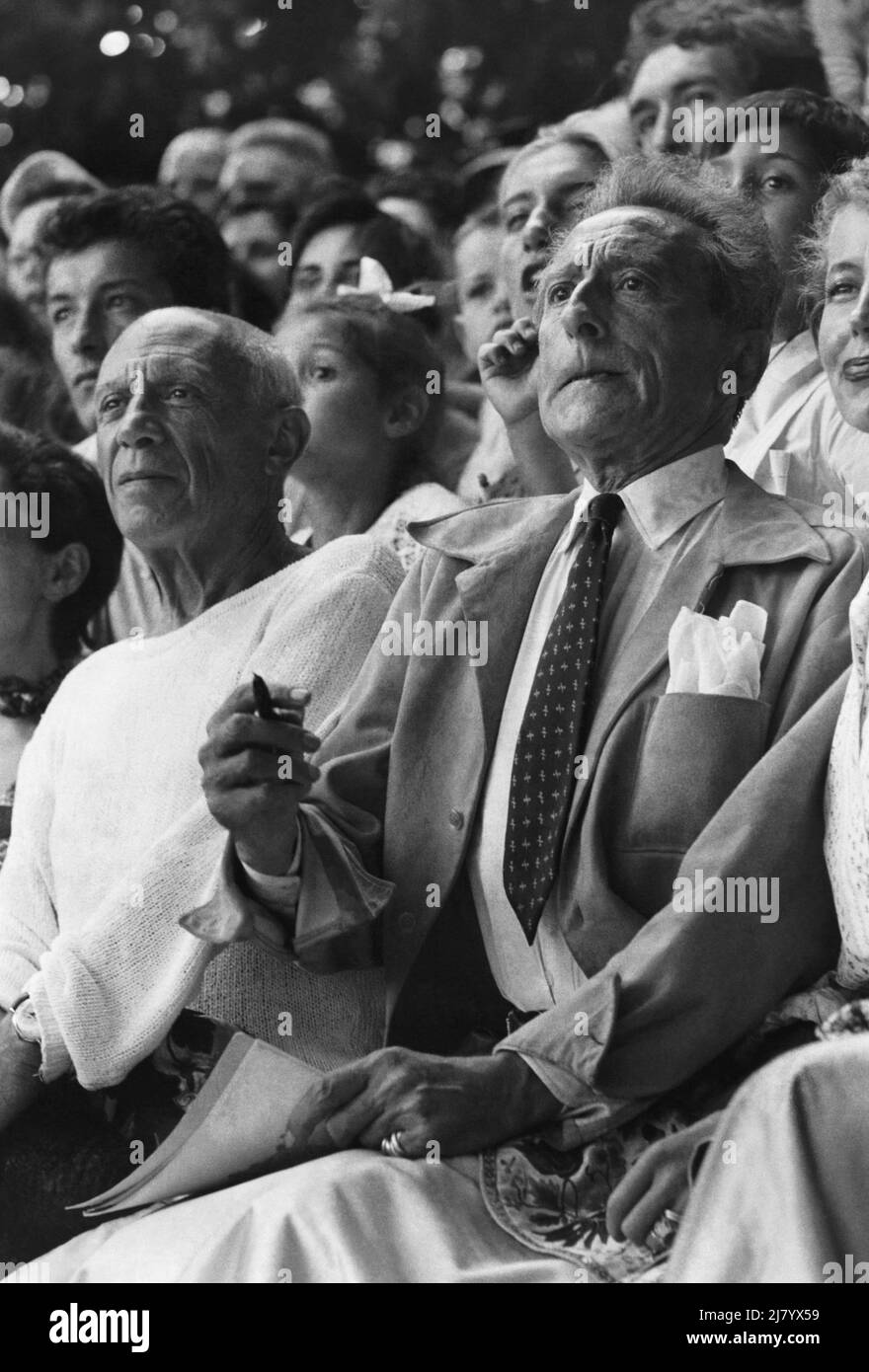 Picasso and Cocteau at Bullfight, 1955 Stock Photo