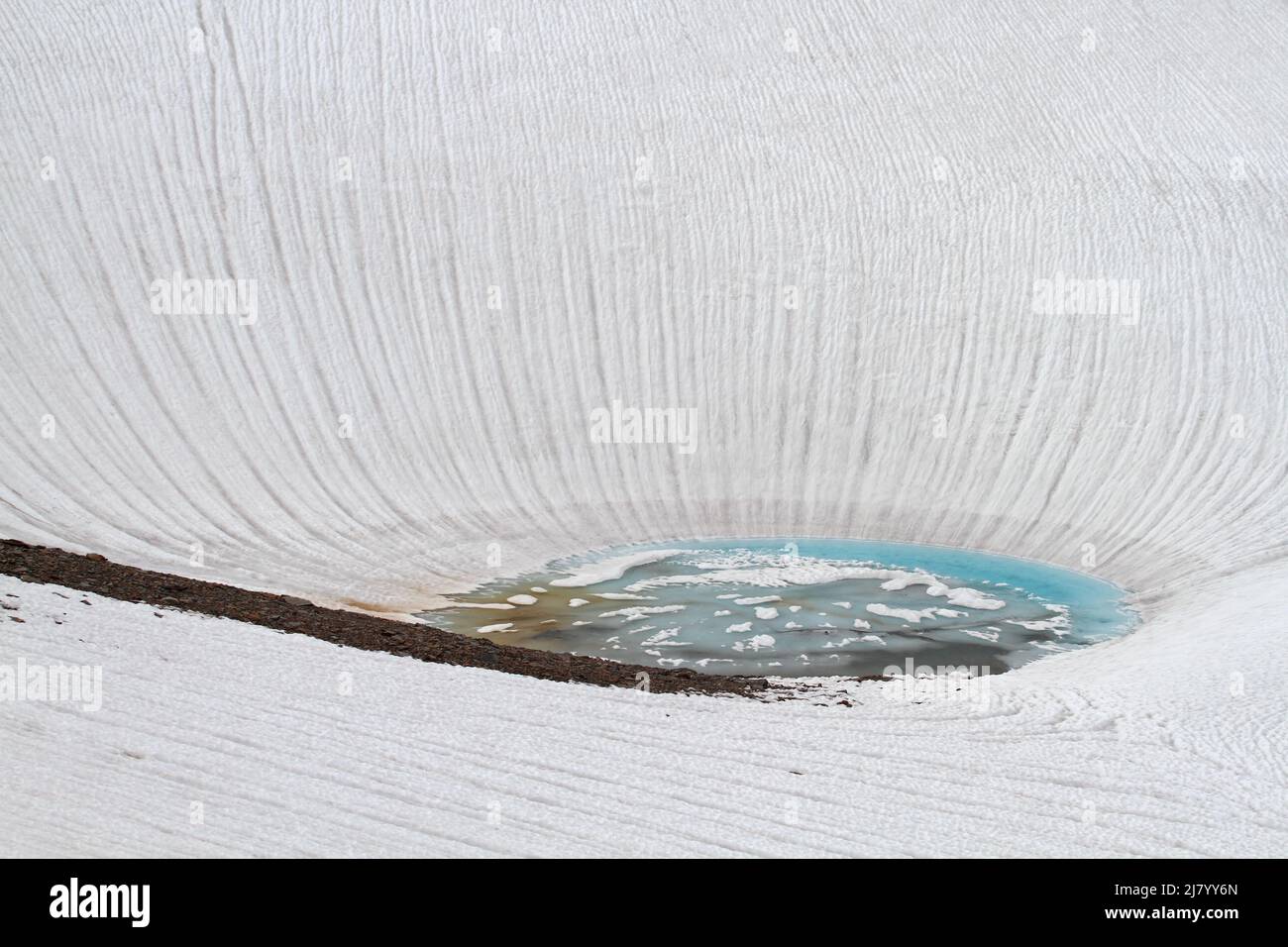 Small lake in snow and ice, during snow melt in swiss alps Stock Photo