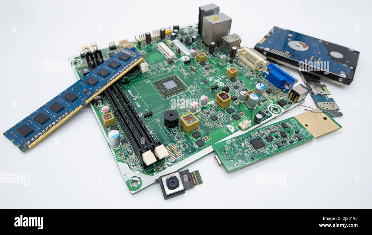 Electronic micro chip integrated circuit motherboard,computer parts semiconductor shortage Stock Photo