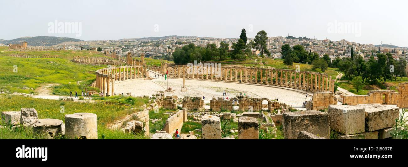 A panoramic view of the columns of the cardo Maximus, Ancient Roman city of Gerasa of Antiquity,Jerash Stock Photo