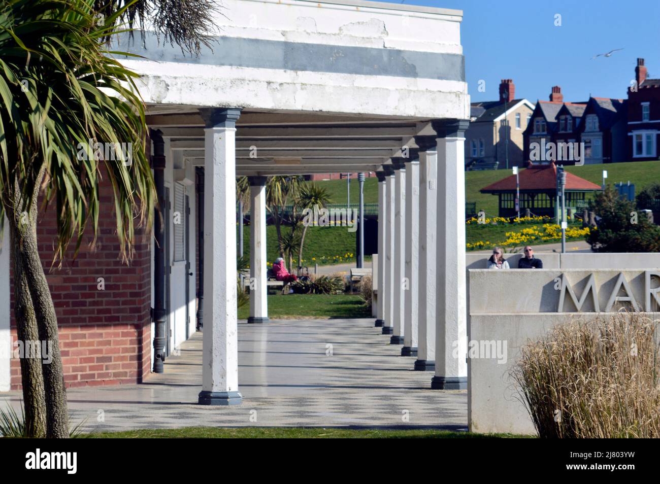 FLEETWOOD. LANCASHIRE. ENGLAND. 03-19-22. The colonade on the frontage of the Marine Hall, a performance and events venue on the seafront. Stock Photo