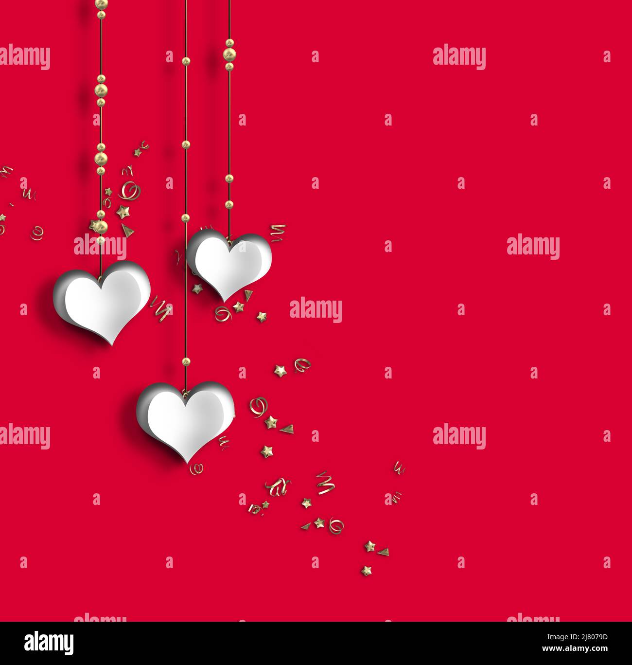 White paper hearts, Valentines day card on red background. Love ...