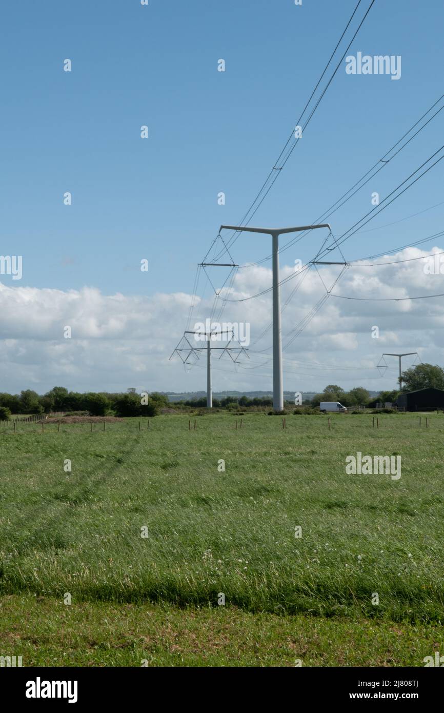 T Pylons forming the Hinkley Point to Avonmouth National Grid Link at Mark, Somerset, England, UK Stock Photo