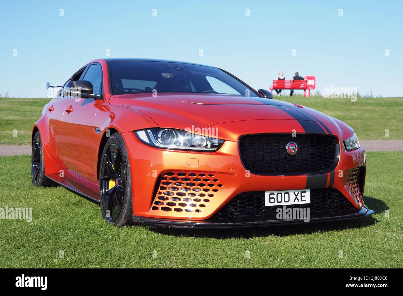 Jaguar XE SV Special Vehicles Project 8, sports saloon car, in metallic burnt orange. Built in 2019. Special limited edition of 300 cars. Stock Photo