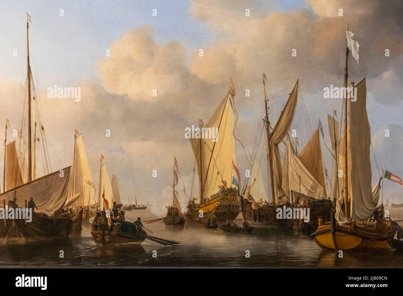 Painting titled 'A Dutch Yacht  Saluting' by Dutch Artist Willem van de Velde dated 1661 Stock Photo