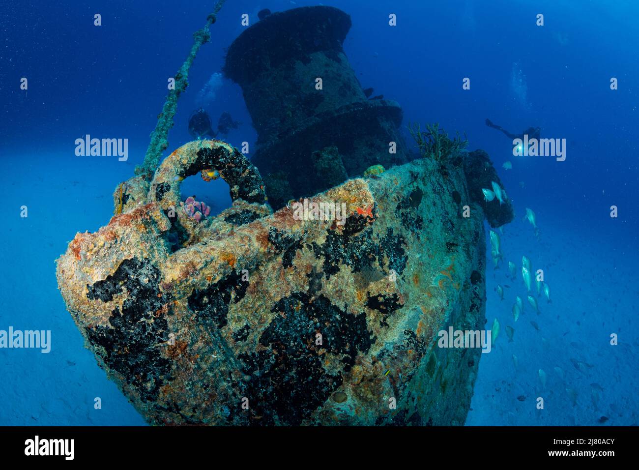 Diver on the wreck of the Porpoise off the Dutch Caribbean island of Sint Maarten Stock Photo