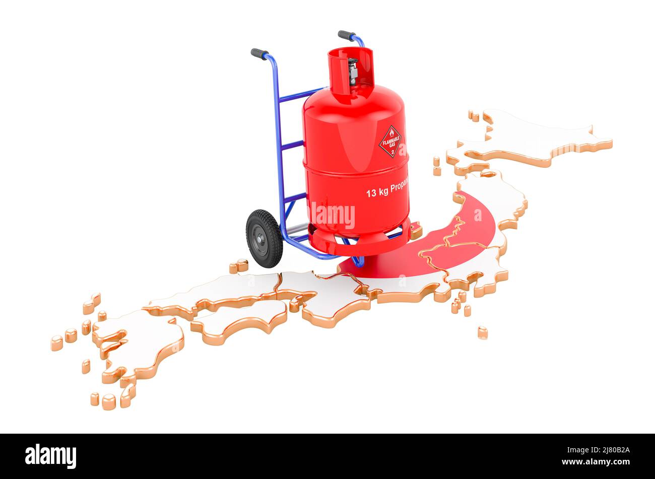 Japanese map with propane gas cylinder on hand truck. Gas Delivery Service in Japan, concept. 3D rendering isolated on white background Stock Photo