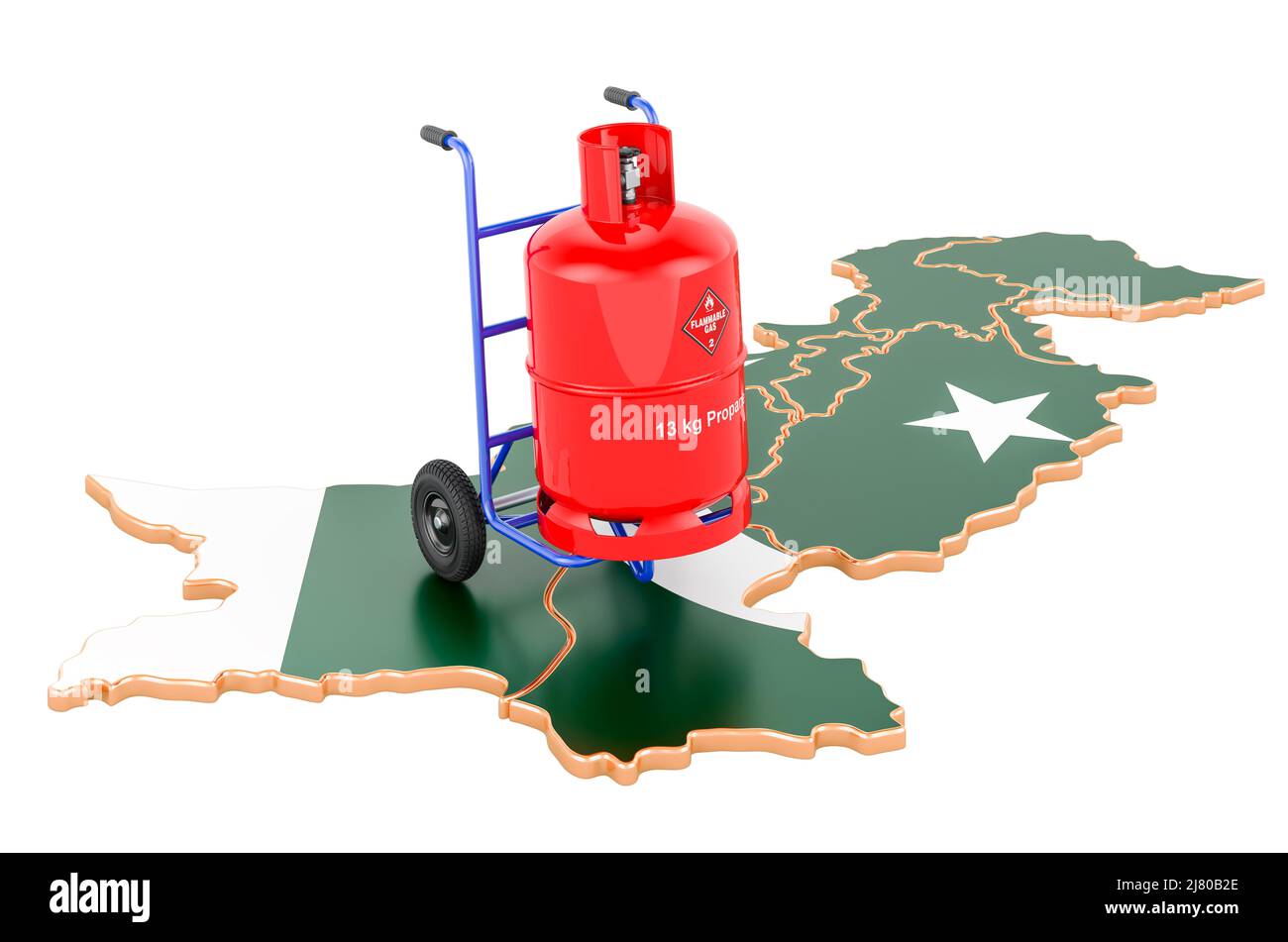 Pakistani map with propane gas cylinder on hand truck. Gas Delivery Service in Pakistan, concept