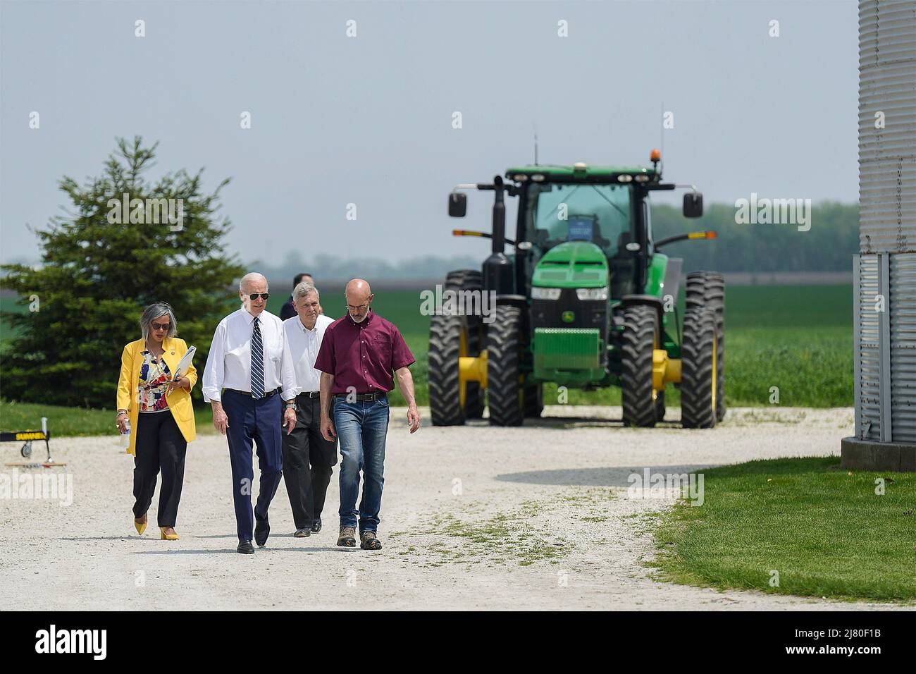 Kankakee, United States Of America. 11th May, 2022. Kankakee, United States of America. 11 May, 2022. U.S President Joe Biden, walks with farmer Jeff O'Connor, owner of O'Connor Farms, during a visit to his farmstead, May 11, 2022 in Kankakee, Illinois. Walking behind Biden is Agriculture Secretary Tom Vilsack and Rep. Robin Kelly of Illinois. Credit: Adam Schultz/White House Photo/Alamy Live News Stock Photo