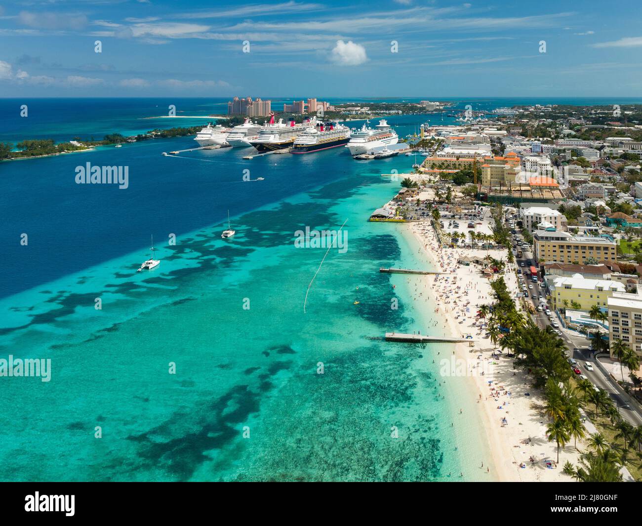 Aerial view of Junkanoo Beach  and cruise ships docked at Nassau Harbour, New Providence, Bahamas Stock Photo