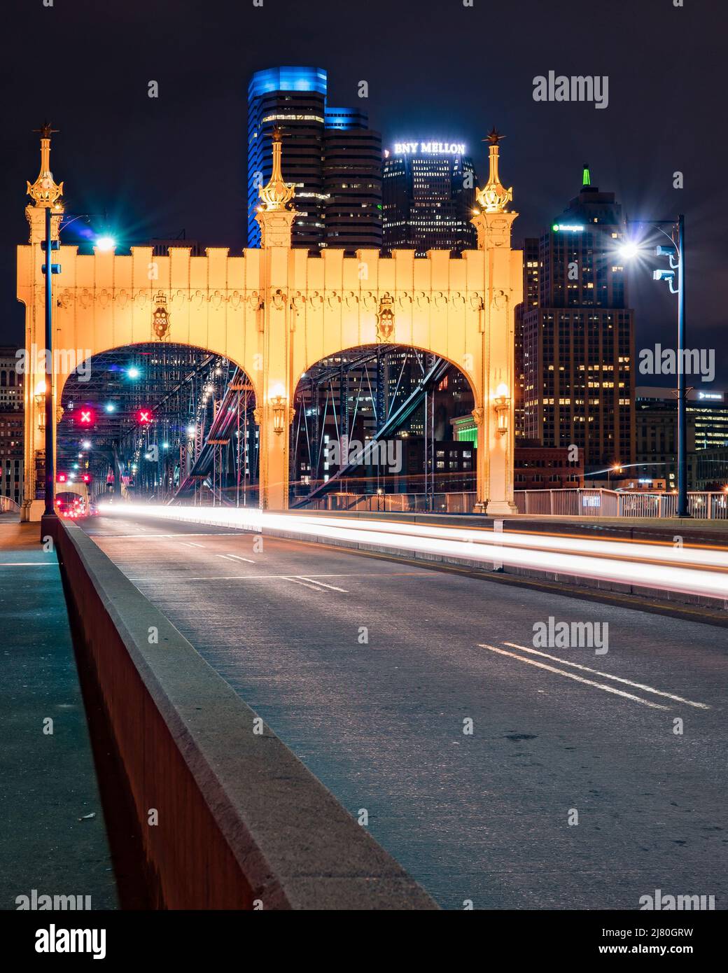 Traffic driving across Smithfield Street Bridge at night, Pittsburgh