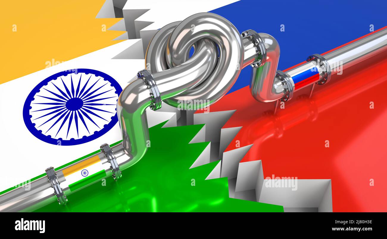 Fuel/ gas pipeline with a knot, flags of India and Russia 3D