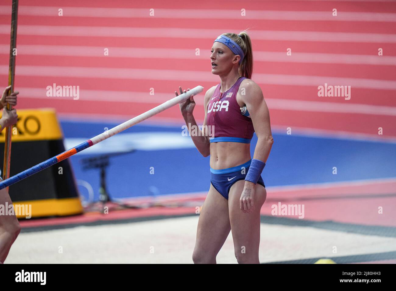 Sandi Morris concentrated sitting to jump at the Belgrade 2022 World Indoor Championships in the pole vault specialty. Stock Photo