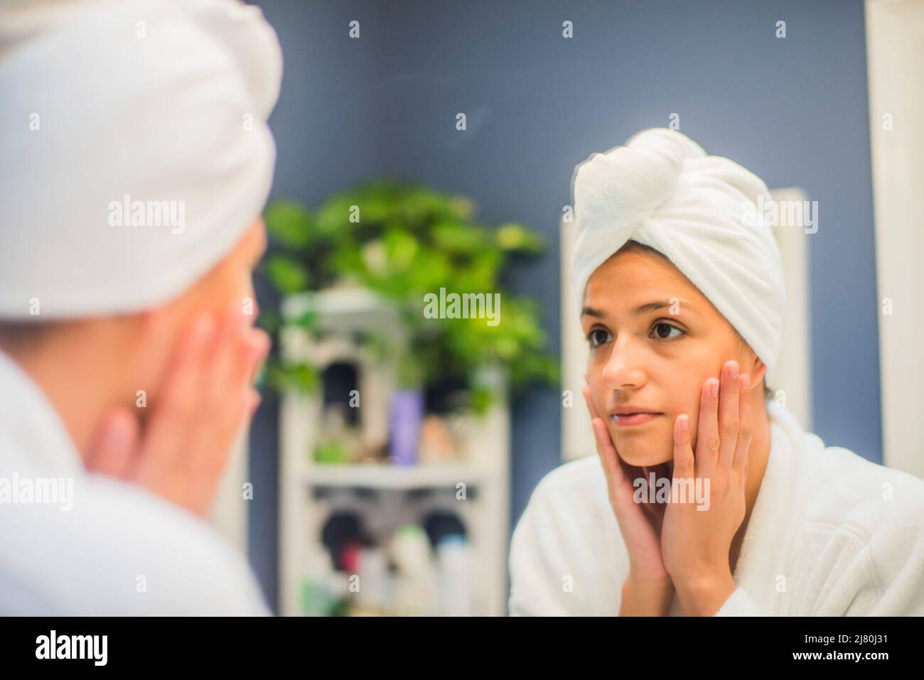 Shampoo & Drying hair in bathroom Stock Photo Alamy