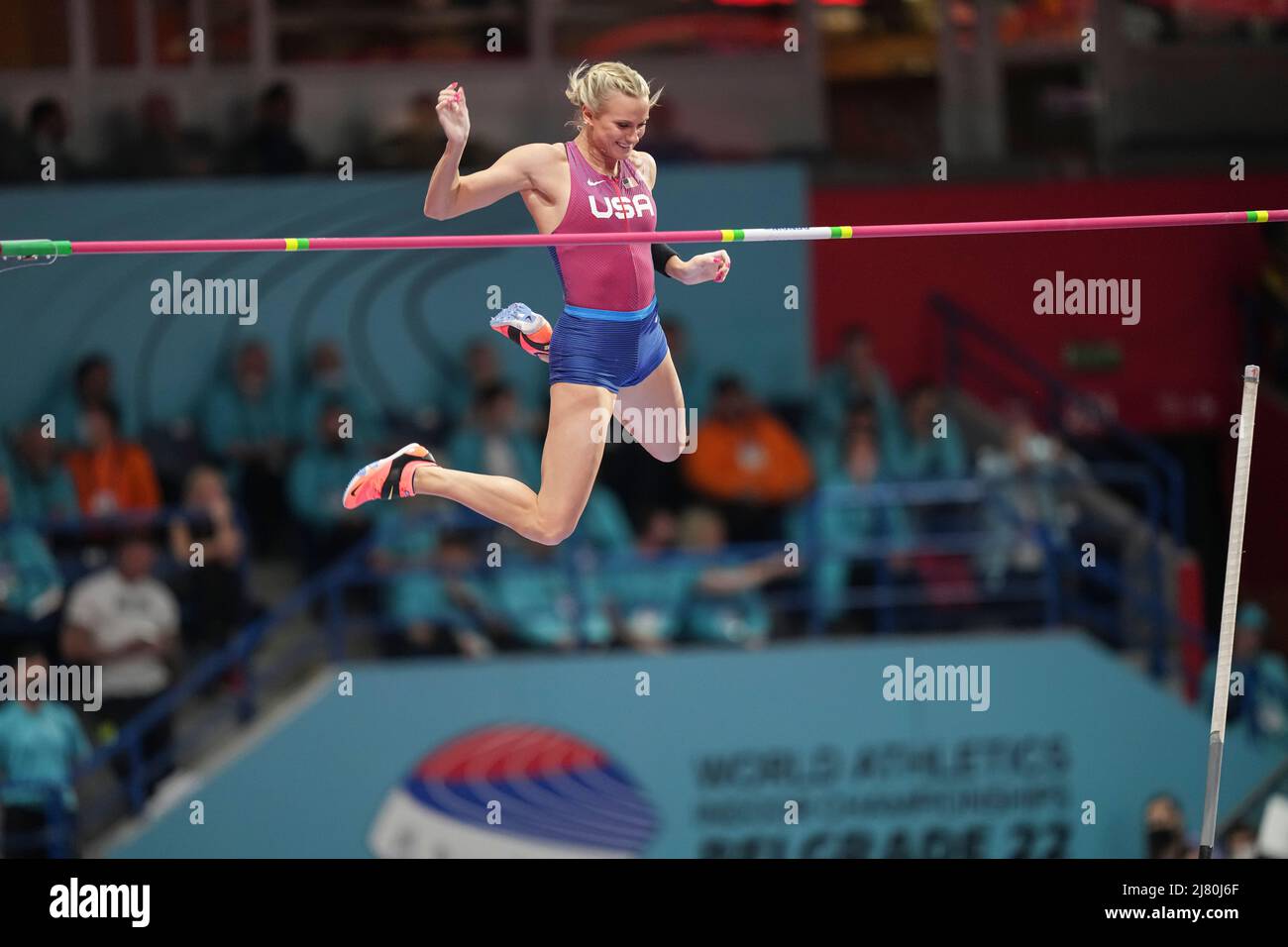 Katie Nageotte jumping at the 2022 Belgrade Indoor World Championships in the pole vault specialty. Stock Photo