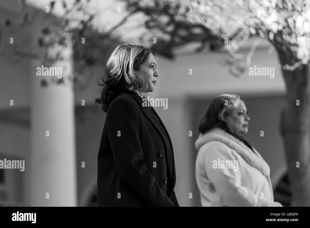 U.S Vice President Kamala Harris, right, and Michelle Duster, great granddaughter of NAACP co-founder Ida B. Wells, right, look on as President Joe Biden, delivers remarks during the signing ceremony for H.R. 55, the Emmett Till Anti-lynching Act, in the Rose Garden of the White House, March 29, 2022 in Washington, D.C. Stock Photo