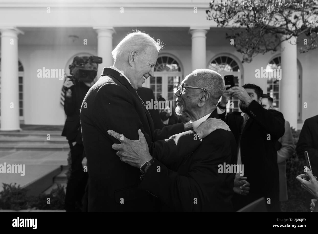 U.S President Joe Biden, embraces Rep. Bobby Rush of Illinois, during the signing ceremony for H.R. 55, the Emmett Till Anti-lynching Act, in the Rose Garden of the White House, March 29, 2022 in Washington, D.C. Stock Photo
