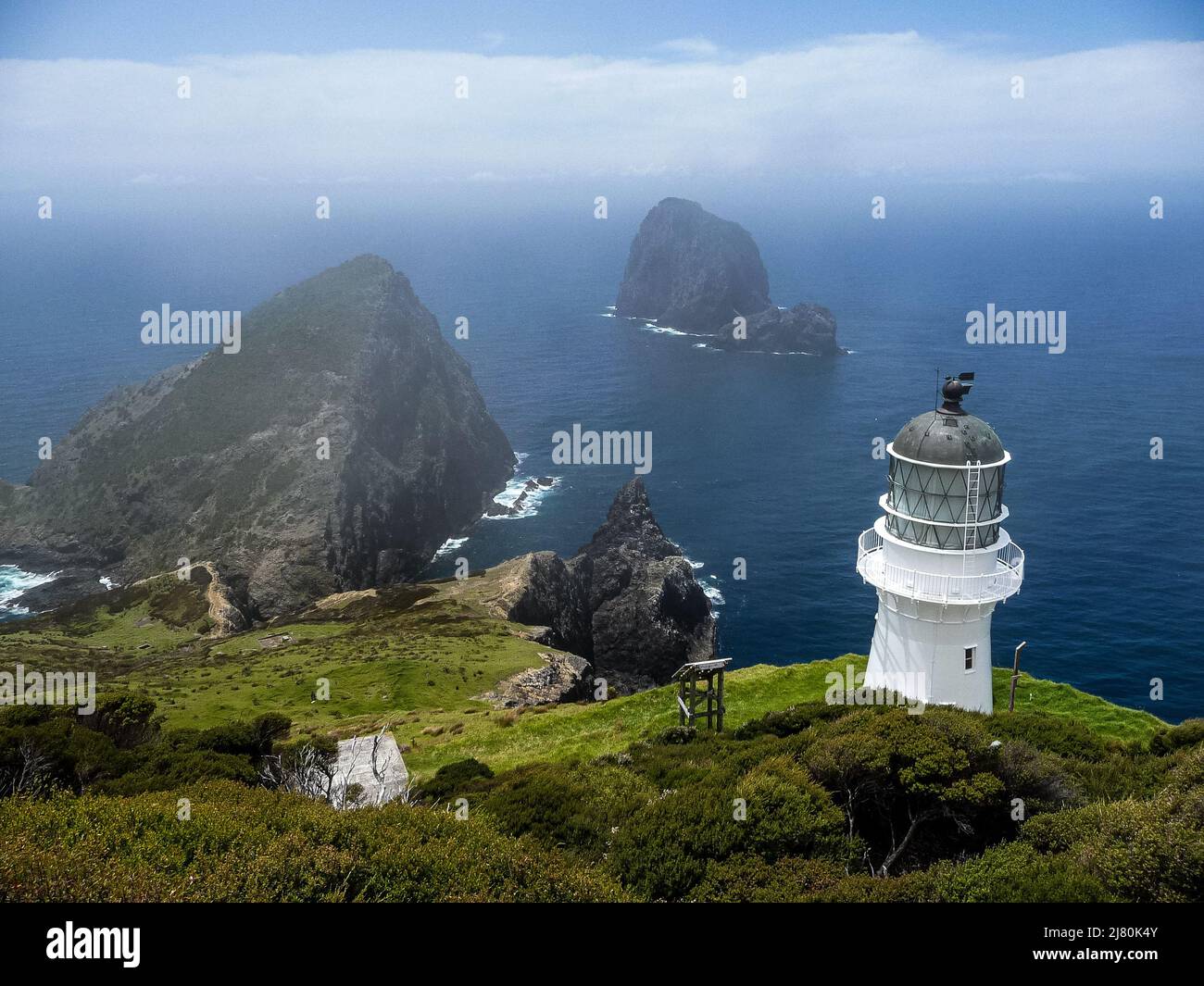 Aerial view of Cape Brett Lighthouse and ocean, Bay of Islands, North Island, New Zealand Stock Photo