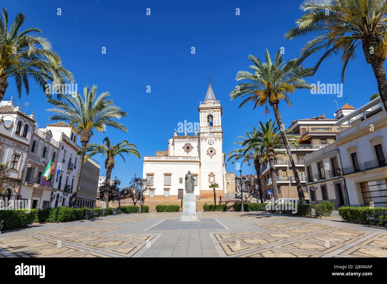 Facade of Iglesia de San Pedro (St. Peter's church), in the square with the same name,  in Huelva, Andalusia, Spain Stock Photo