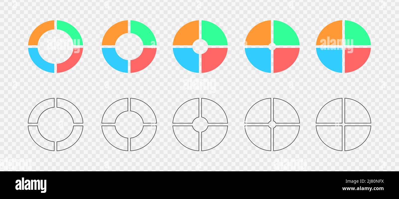 Donut charts. Set of infographic wheels divided in 4 multicolored and