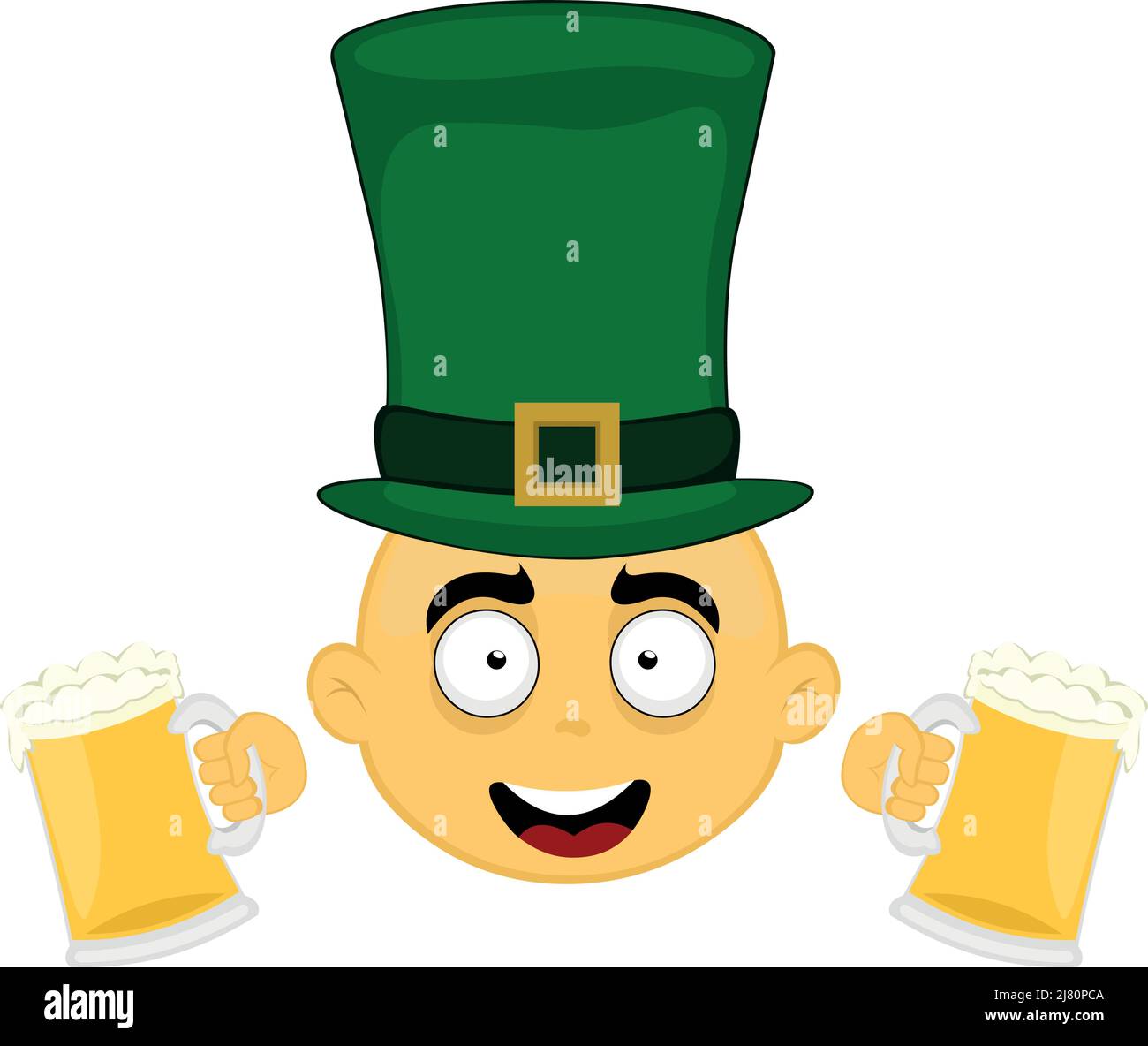 Vector illustration of the face of a yellow cartoon character, with an elf hat on his head and two glasses of beer in his hands Stock Vector
