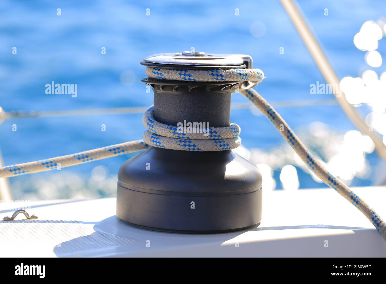 Main halyard winch on sailing yacht close up Stock Photo