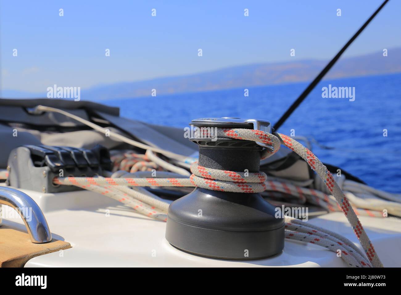 Main halyard winch on sailing yacht close up Stock Photo