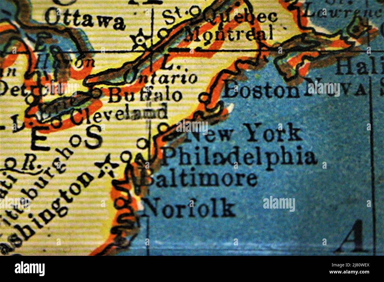 Old map of the north eastern seaboard in the USA focused on and highlighting Boston, New York, Philadelphia Stock Photo