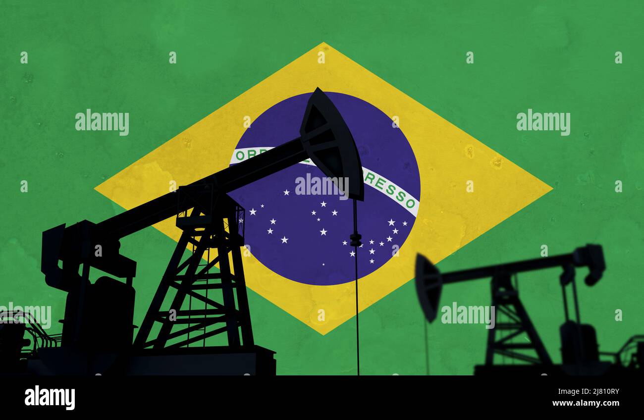 Oil and gas industry background. Oil pump silhouette against a brazil