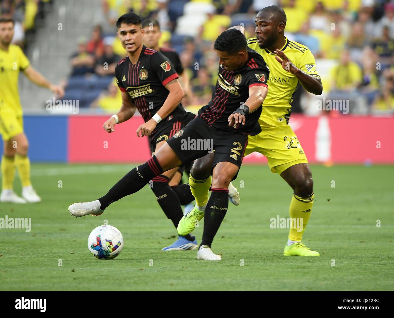 Nashville SC, May 11, 2022: May 11, 2022: Atlanta United defender Ronald HernÃ¡ndez (2) steals the ball from Nashville SC midfielder Brian Anunga (27) during an MLS game between Atlanta United and Nashville SC at Geodis Park in Nashville TN Steve Roberts/CSM Stock Photo