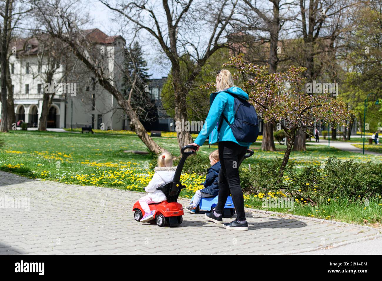 Mom and Kids Are Playing With a Toy Car Outdoors in the Park - A Happy ...