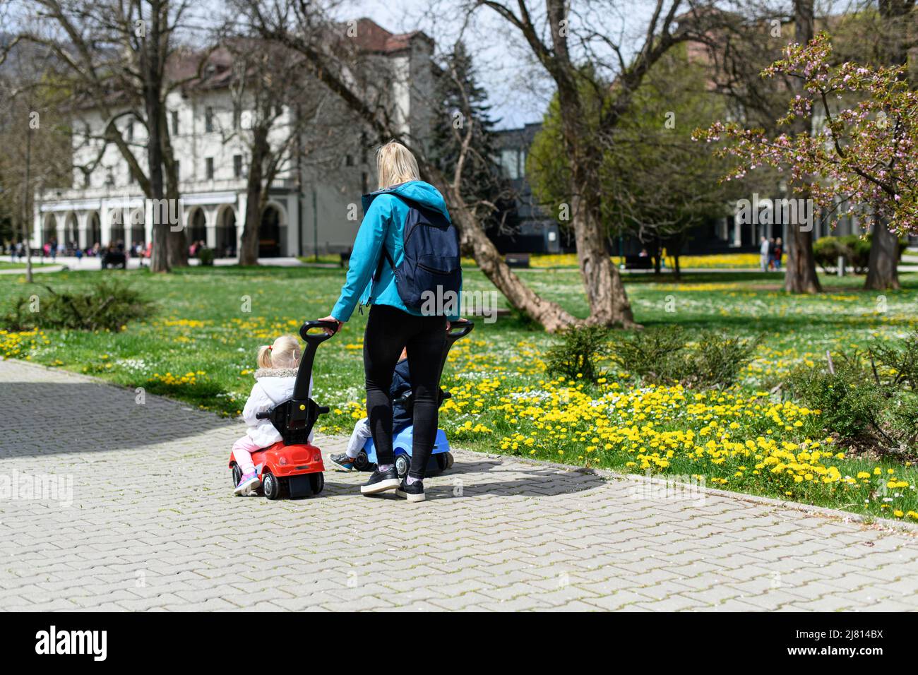 Mom and Kids Are Playing With a Toy Car Outdoors in the Park - A Happy ...