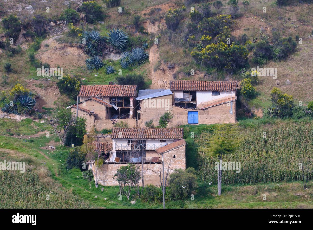 Group of country houses made of adobe and rustic materials by local people. Stock Photo