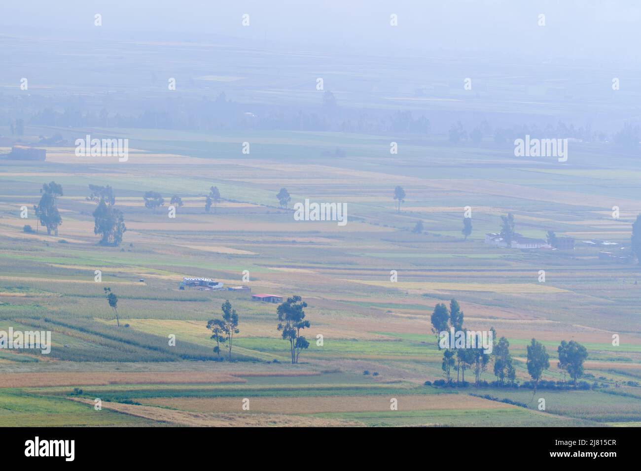 Scenario of agricultural crops in the Mantaro Valley at dawn even with fog. Stock Photo