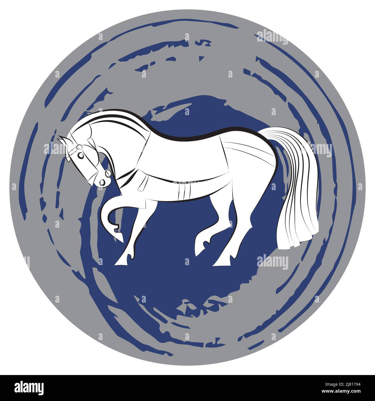 Black and white graceful saddled standing horse. Elegant mustang on abstract gray and blue spot background. Stallion silhouette. Equestrian outline. S Stock Vector