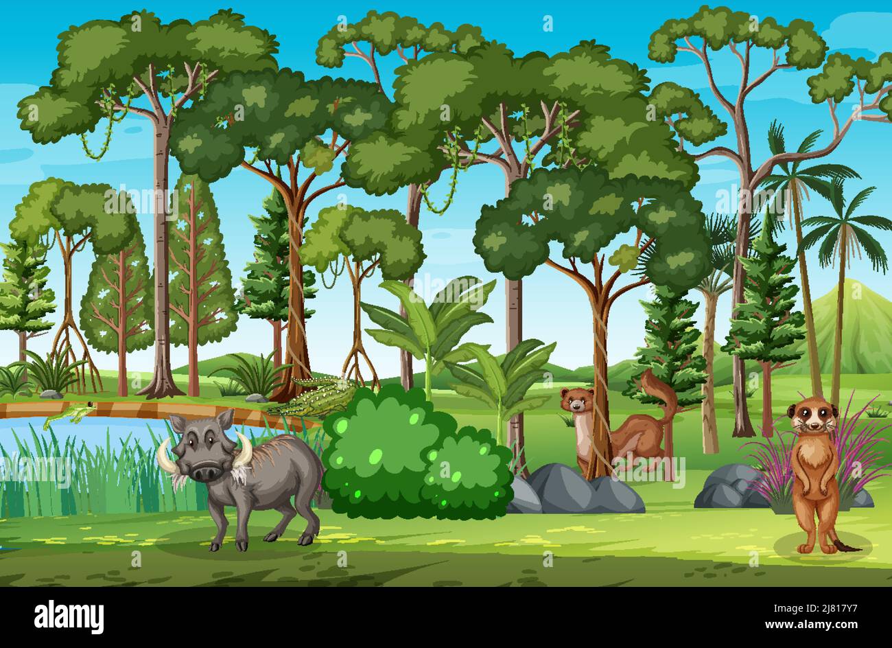 Forest scene with various wild animals illustration Stock Vector