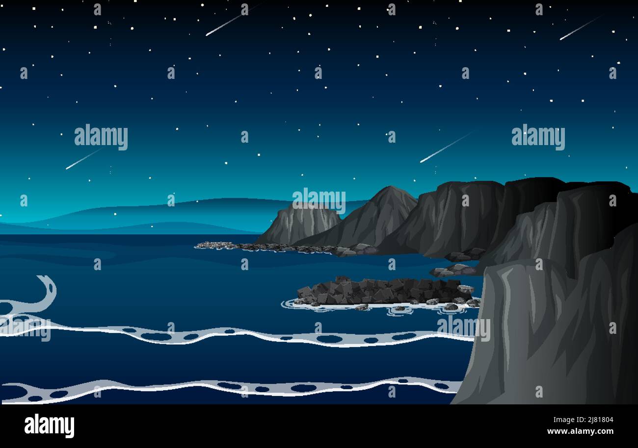 Cliffside beach at night scene illustration Stock Vector Image & Art