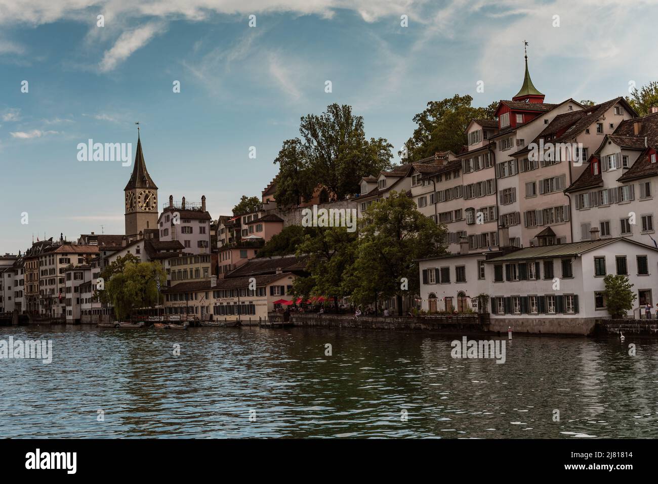 Zurich Switzerland. 7. July 2018 St. Peter's church clock tower in Zurich viewed from the river Limmat Stock Photo
