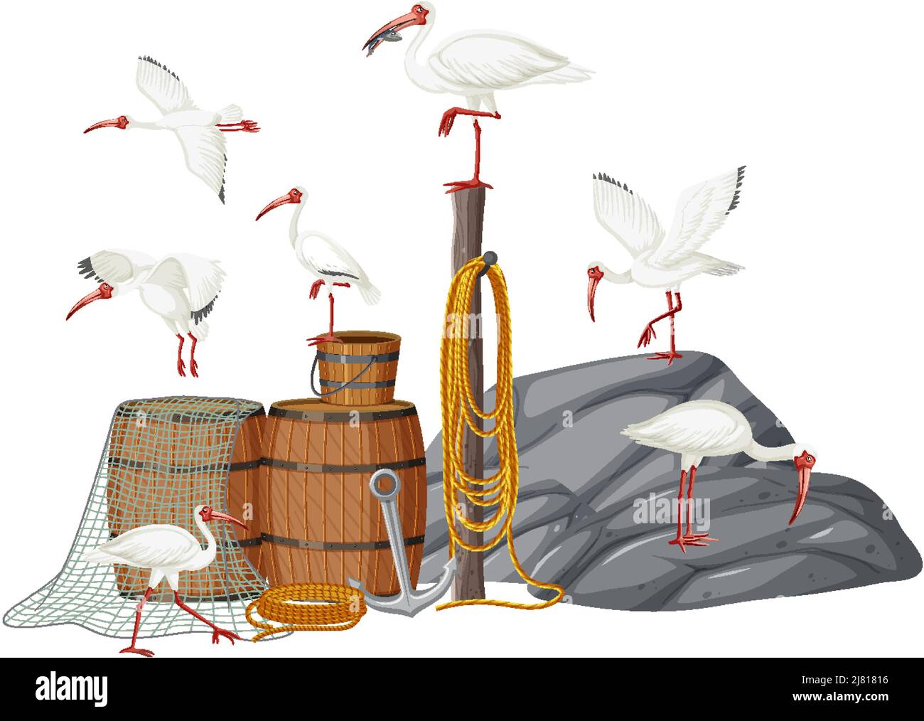 American white ibis group with fishing objects illustration Stock Vector