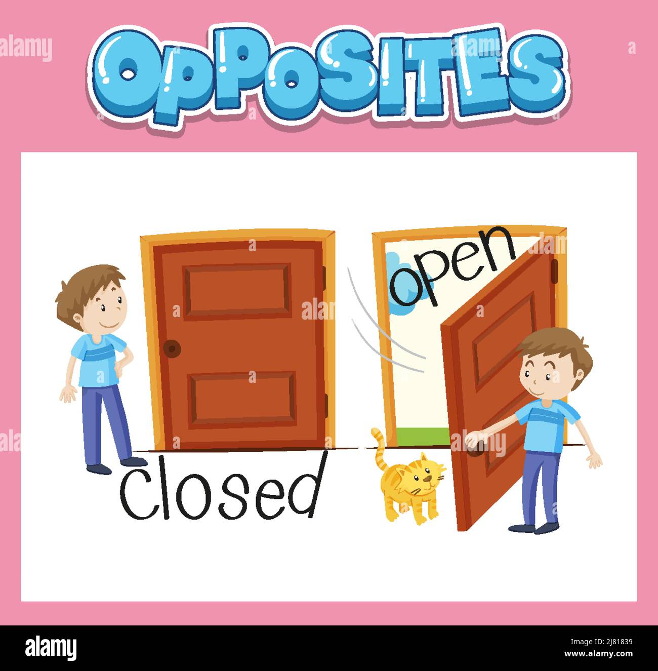 Opposite English words with closed and open illustration Stock Vector ...